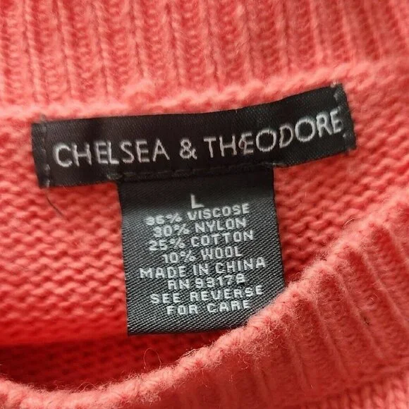 Chelsea & Theodore Womens Size L Coral Peach Pommed Sweater Puffed Sleeve New - Picture 6 of 6